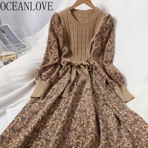 OCEANLOVE Corduroy Floral Women Dresses Vintage Knitted Patchwork Vestidos De Mujer 2021 Sweet Korean Long Dress A-line 19079