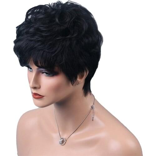 8'' Black Cosplay Layered Short Curly Wavy Human Hair Natural Looking Wigs