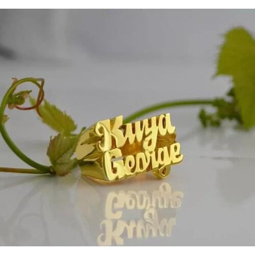 Personalized Ring Name Rings Personalized 18K Gold-Plated Personalized Carved Double Finger Name Ring