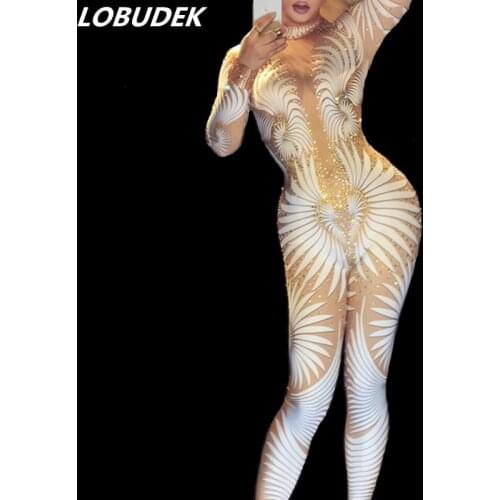 Sexy Female DJ DS costumes leotard Rhinestones jumpsuit nightclub white Crystals Rompers Singer dancer party performance show