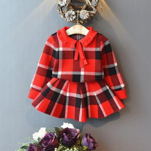 Girls Knitted Big Plaid Sweater Skirt Two-piece Skirt with Wood Ears Kids Boutique Clothing Wholesale Toddler Fall Clothes 2021