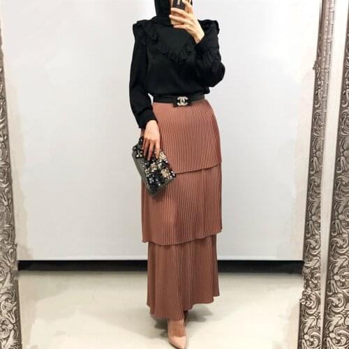 High Waist Pleated Skirt Women Muslim Fashion Vintage Multi-layer Cake Skirts for Ankle-length Ladies Elegant Islamic Cothing