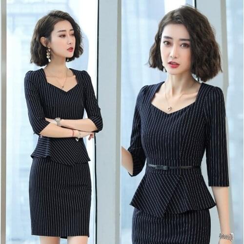 Women Office Skirt Suit Elegant Skirt And Tops Casual Work Outfit Stripe Female Autumn Business Suit Two Pieces Ol Sets DD2006