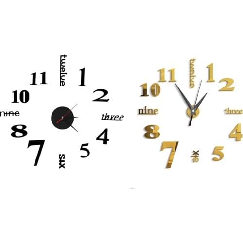 2 Pcs 3D Large Wall Clock Mirror Sticker Big Watch Sticker Home Decor Unique Gift DIY, Gold & Black