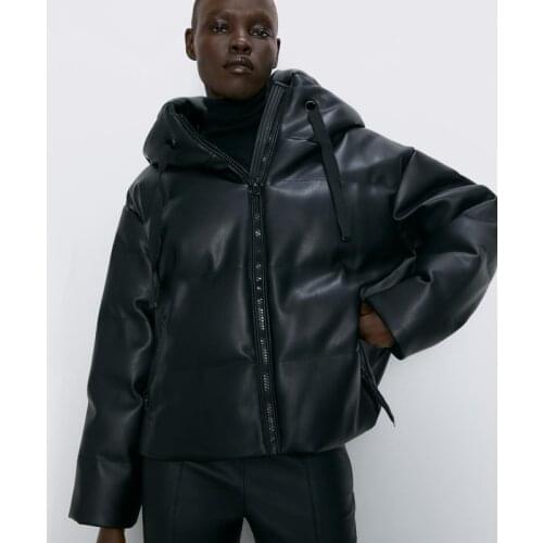 2020 Winter jacket women leather puffer jacket vintage black jackets coats fashion korean hooded coat Outerwear cute streetwear