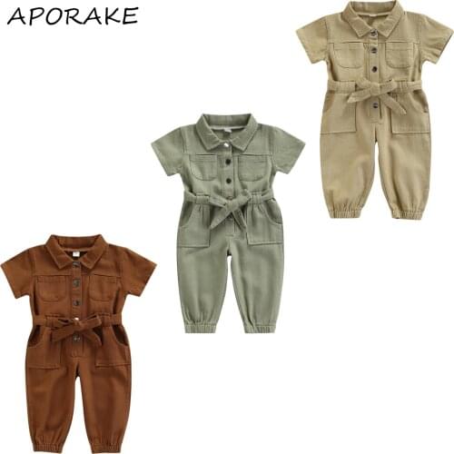 2021 0-5Y Boys Girls Casual Overalls Summer New Long Sleeve Jumpsuit Fashion Solid Color Lapel Pocket Single-breasted Long Pants
