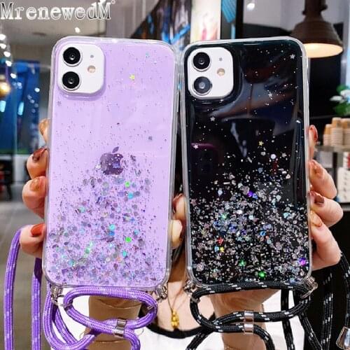 Transparent Glitter Sequins Lanyard Case For iPhone 12 11 Pro X XS Max 6 7 8 Plus SE2 Candy Cord Chain Soft Silicone Phone Cover