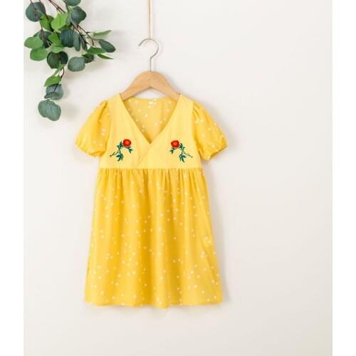 Kids Summer Sweet Lovely Dress Flower Embroidery Polka Dot V-Neck Short Sleeves Casual Skirt for Small Girls Yellow