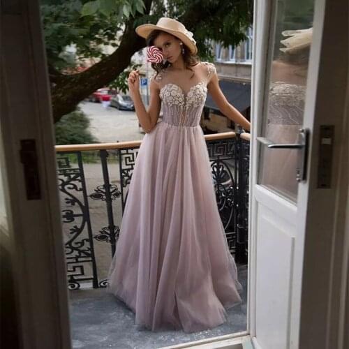 Elegant Sleeveless Evening Lace Appliques Sequins Tulle Dress O-Neck Cap Sleeve A-Line Floor Length Party Prom Gowns