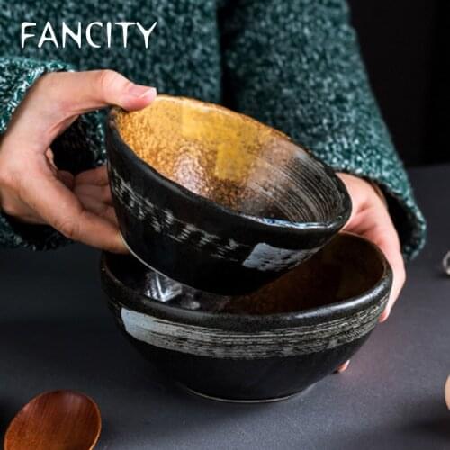 FANCITY Japanese tableware ceramic soup bowl creative rice bowl household personality retro dessert bowl thickened large