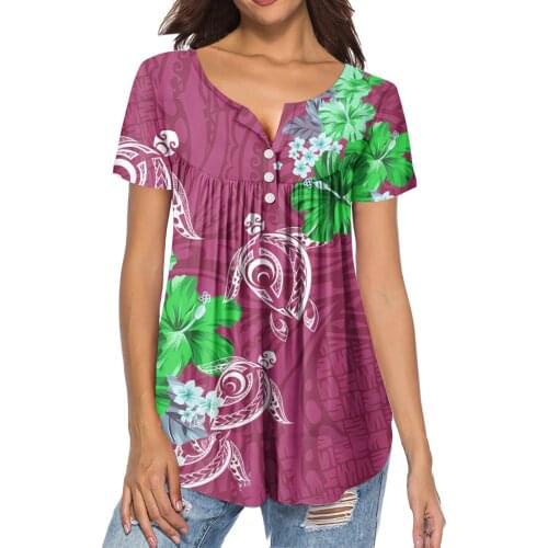 HYCOOL Polynesian Hibiscus Design Pink Women Short Sleeve Pleated Buckle Shirt Summer Ladies Tops Women Casual Chiffon Blouses
