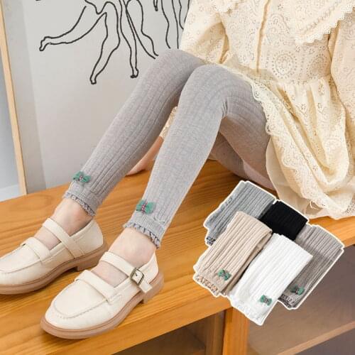 2-12 Yrs Spring Autumn Double Needle Leggings Girl Combed Cotton Ribbed Leggings Baby Soft Lace Knitted Tights Pant for Girls