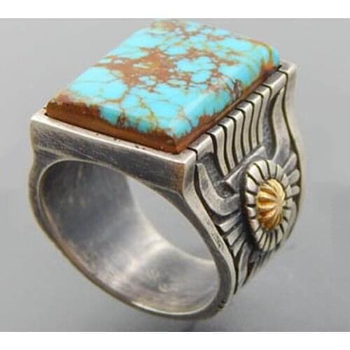 Fashion Square Blue Turquoises Stone Ring Vintage Antique Natural Stone Wedding Rings for Women Girls Party Boho Jewelry