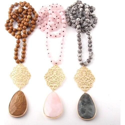 Fashion Bohemian Jewelry Semi Precious Stones Long Knotted Metall Grid Link Drop Pendant Necklaces Pendant Necklaces
