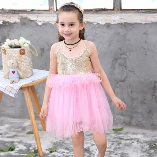 2021New Children Little Girls Korean Fashion Girl Dress Mesh Straps Sequins Ruffles Dresses Casual Dress