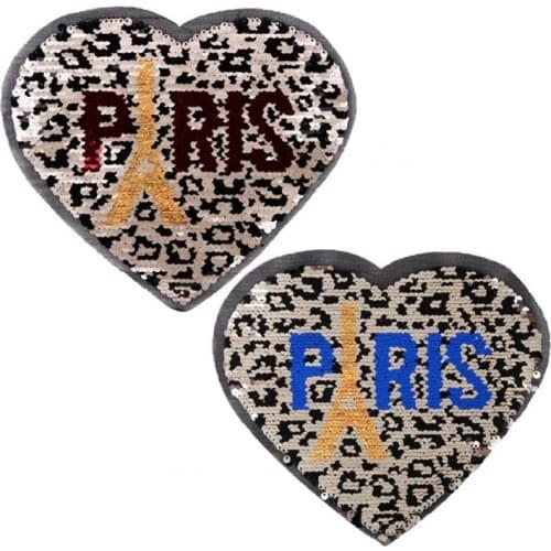Patch deal with it clothes t shirt women Diy 225mm AB Heart PARIS Reversible change color sequins biker patches for clothing