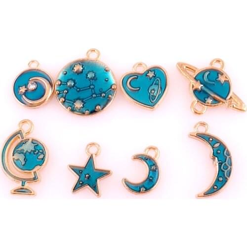 20pcs Alloy Enamel Drop Oil Blue Star Sky Moon Globe Pendant Findings Charms for DIY Necklace Accessories Making