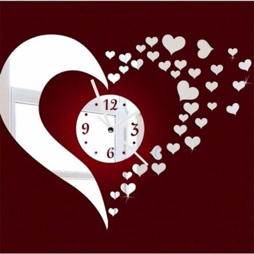 Hearts Art Mordern Luxury Design DIY Removable 3D Crystal Mirror Wall Clock Wall Sticker Living Room Bedroom Decor Klok Z104
