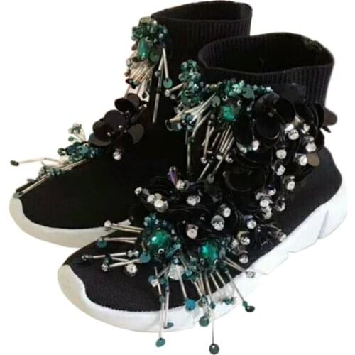 Tassel Beaded Sequins Women Sneakers Black Socks Shoes Womens Knit Ankle Boots High-top Sneakers Women Casual Shoes WK92-1