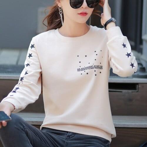 Crew Neck Sweatshirt Women Coat Spring Letter Star Print Korean Streetwear Harajuku Casual Solid Color Stitching Thin Pullovers