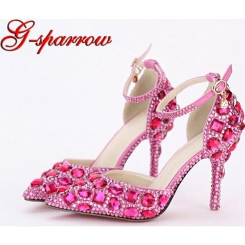 Rhinestone Bride Shoes Pointed Toe High Heel Stiletto Shoes Ankle Strap Wedding Party Shoes Silver Pink Red Color Summer Sandals