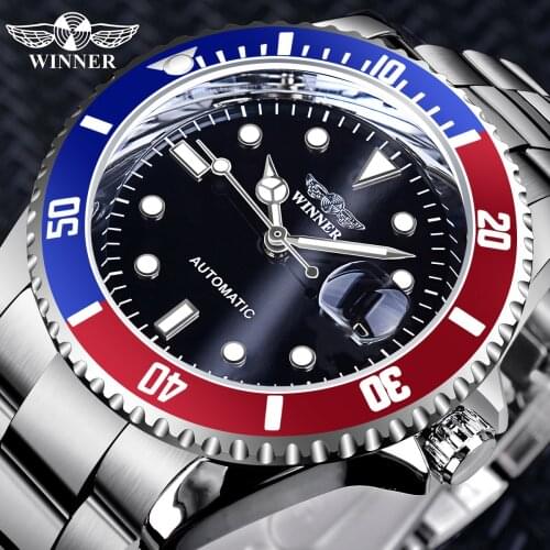 Winner Mens Mechanical Wristwatches Luxury Automatic Watch With Calendar Stainless Steel Men Analog Watches Luminous Black