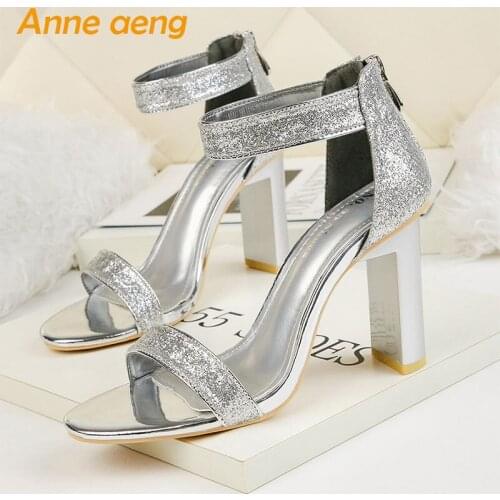 2019 New Summer Women Sandals High Square Heel Zipper Cover Heel Bling Sexy Ladies Women Shoes Silver Female High Heels Sandals