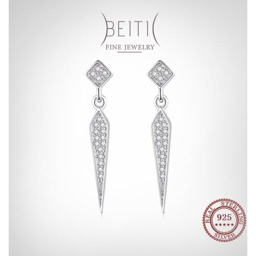 Beitil Genuine 925 Sterling Silver Simple Fashion Square Dazzling Clear CZ Dangle Ear For Women Wedding Engagement Jewelry Gift