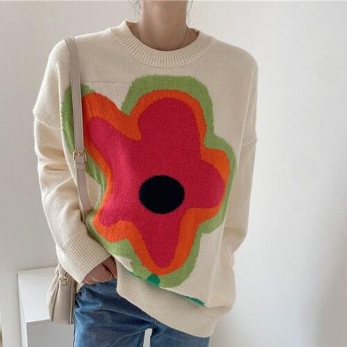 Womens Floral Print Long Sleeve Sweaters 2021 Autumn O-neck Dropped Shoulder Loose Pullovers Ladies Sweet Streetwear Clothes
