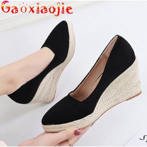 Women Pumps 2021 New Stitched Pointed Shallow Mouth High Heels 8CM Fashion Simple Office Straw Plaited Decoration Wedges Shoes