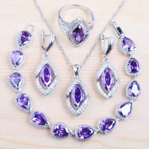 Natural Purple Crystal For Women Silver Plated Jewelry Sets White Zirconia Bracelet Necklace Pendant Earrings Ring QS0208