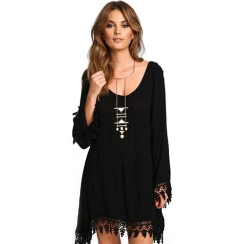 Womens Irregular Tassel Dress Ladies Casual Plus Size Black Chiffon Dress Long Sleeve Loose Mini Party Swing Dress
