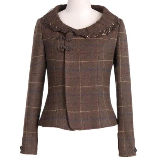 Plus size 3XL!vintage plaid woolen short coat women lace o-neck long sleeve slim jacket