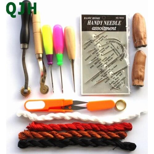 15 Pcs Wood Awl Waxed Thimble Needle Scissor Sewing Leather Craft Tools Kit Leathercraft Accessories For Personalizing RX0067