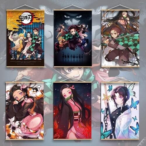 Anime Manga Kamado Tanjirou Kamado Nezuko Print Picture Wall Poster Canvas Painting Solid Wood Hanging Scroll for Demon Slayer