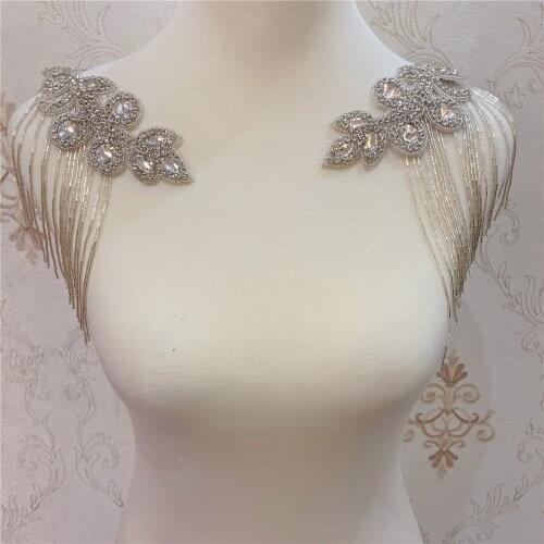 2pcs Handmade Crystal Beaded Rhinestone Applique Sew/Iron on for Shoulder Trim for wedding dress
