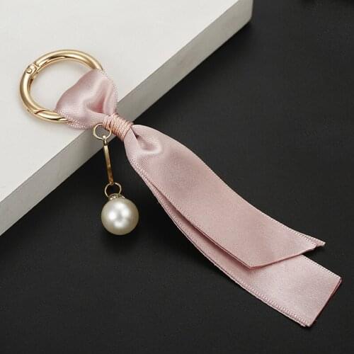 Korean Ribbon Keychain keyrings Imitation Pearl Satin Detachable Key Holder Handmade Fashion Womens Bag Jewelry Pendant Gift