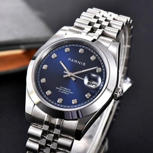 Parnis Blue Dial Mens Watches Calendar Miyota 8215 Movement 21 Jewels Automatic Mechanical Men Wristwatch