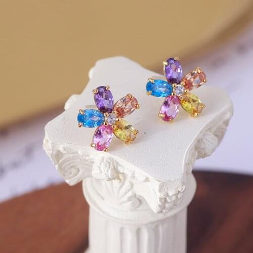European and American ornaments colorful five petals inlaid with color zircon exquisite and fashionable Earrings