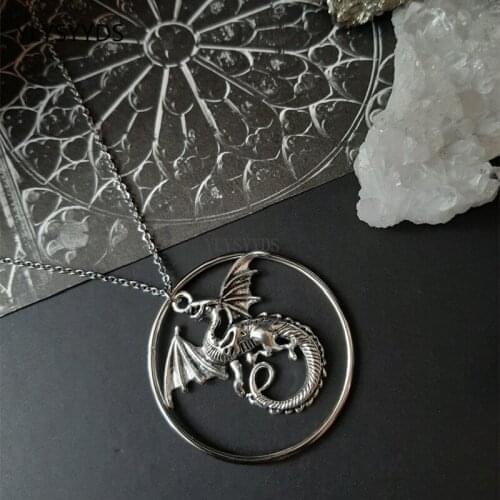Gothic Wyvern Dragon Hoop Necklace Charm Fantasy Witchy Pagan Viking Alternative Goth Medieval Pendant Jewelry Women Gift
