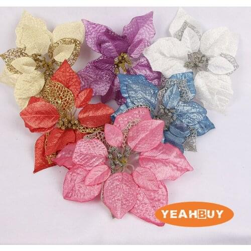 22CM 6 Colors Artificial Glitter Christmas Flower Head Poinsettia Holiday Gift DIY Simulation Flower for Christmas Decoration