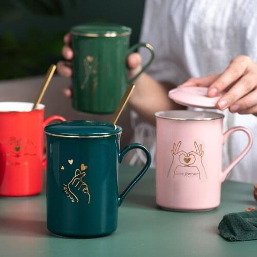 Colored glaze Gold rim ceramic mug with lid spoon,Office Coffee Milk Cup Nordic Small Fresh Hand Ceramic Cup Drinkware gift