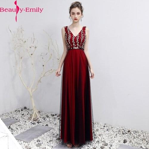 Red Evening Dresses Long A-Line V Neck Sleeveless Tulle Elegant Formal Party Dresses Appliques Beaded Dress Vestido De Festa