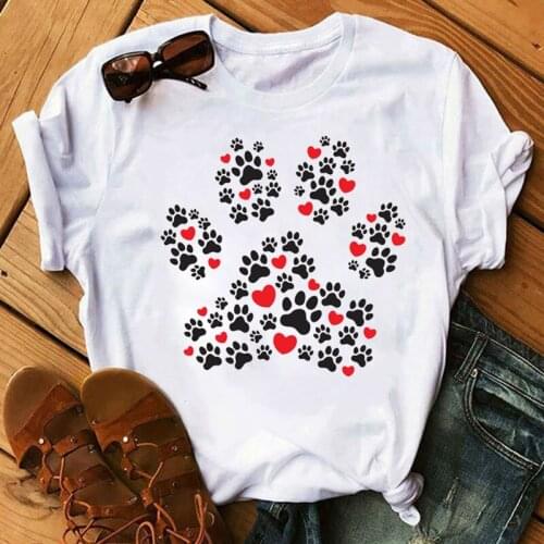 Red Heart Dog Paw Printed T Shirt Women Cute T Shirt Harajuku Short Sleeve Tops Female Graphic Tee Shirts Summer Women T Shirt