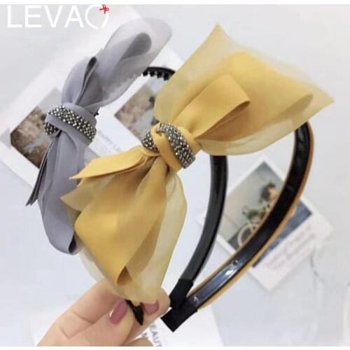 LEVAO 2020 Mesh Rhinestone Hairbands Simple Women Solid Big Bow Headbands Girl Toothed Anti-slip Fashion Hair Ornaments Headband