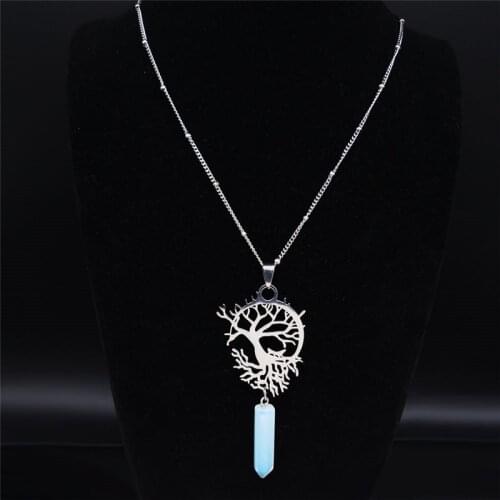Moon Tree of Life Moonstone Stainless Steel Hexagonal Bullet Reiki Point Chakra Stone Pendant Women Jewelry collares N3087S04