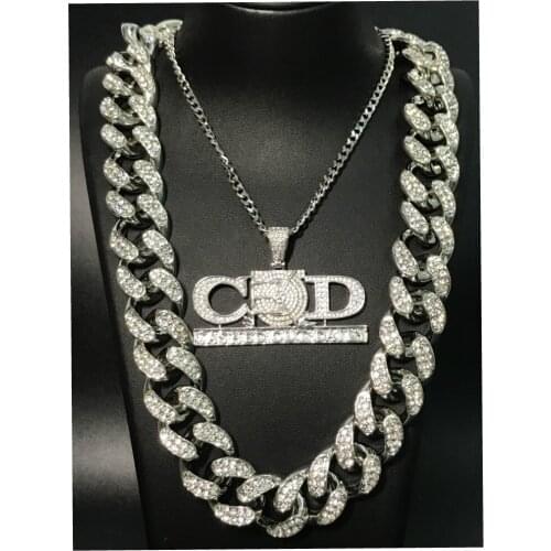 Hip Hop Men Necklace Gold Sliver Color Crystal Miami Cuban Rock Pendant Necklace set 2CM Hip Hop King New Necklace For Men