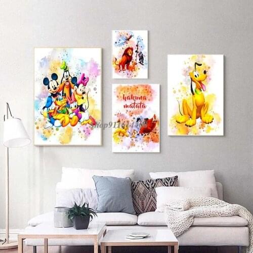 Watercolor Print Wall Art Pictures for Children Room Canvas Painting Decor Disney Mickey Mouse Donald Duck Cartoon Anime Posters