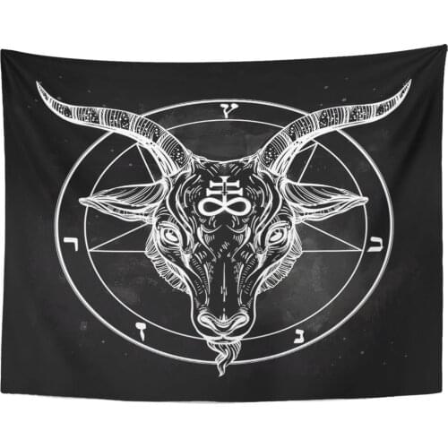 Pentagram with Demon Baphomet Satanic Goat Head Binary Symbol Tattoo Retro Music Summer for Biker Black Tapestry Home Decor Wall