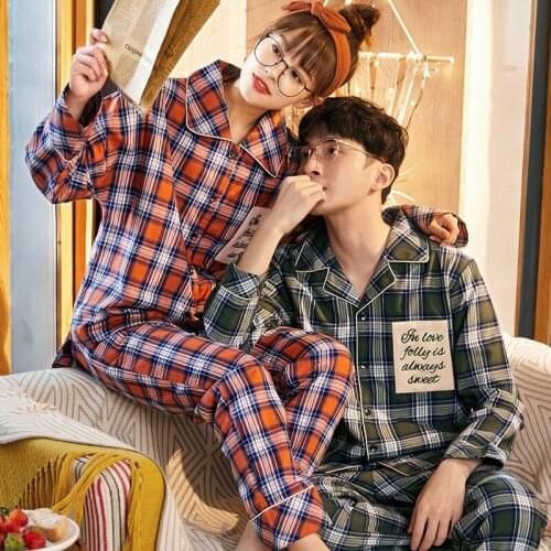 Lovers Pajamas Woman Cotton Full Sleeve Cardigan Men Grid Leisurewear Pajamas Suit